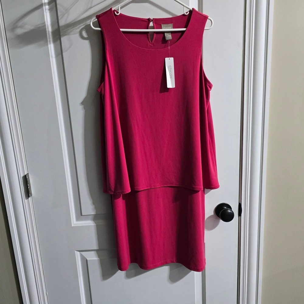 Chicos Shift Dress Women Size 1 Medium Pink Magenta Layered Sleeveless Keyhole